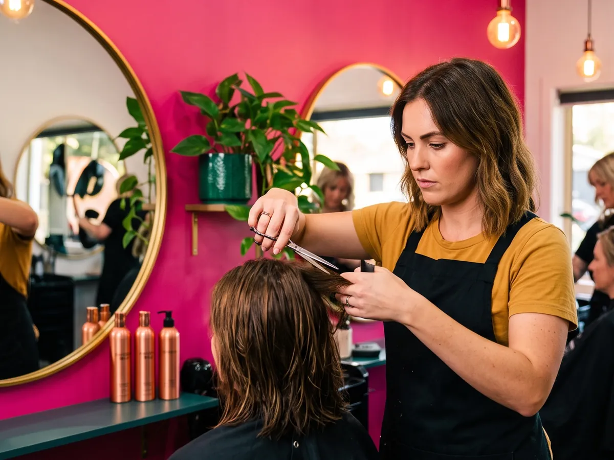 A hairdresser smiling as she styles a client's hair in a sunlit salon
