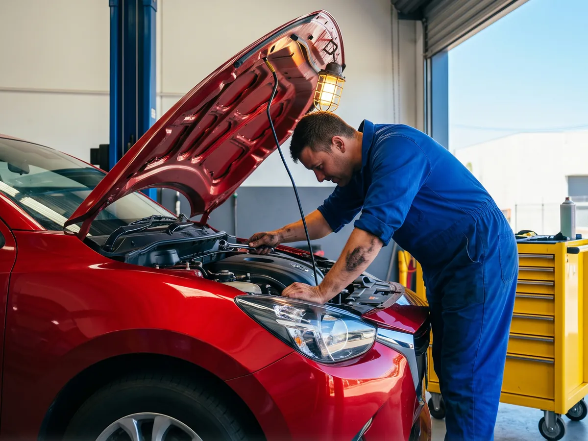 A mechanic showing a customer something on a tablet beside a hatchback with its bonnet open