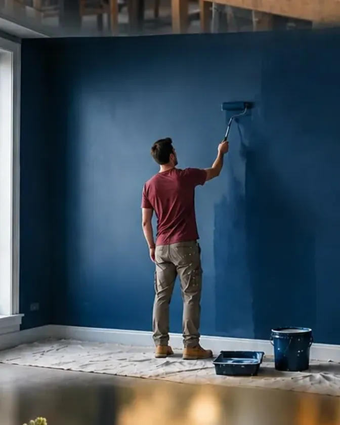 A painter rolling a deep blue wall in an empty room