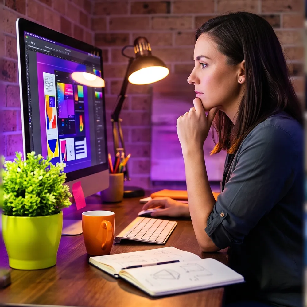 A designer and photographer smiling beside a laptop at a timber desk